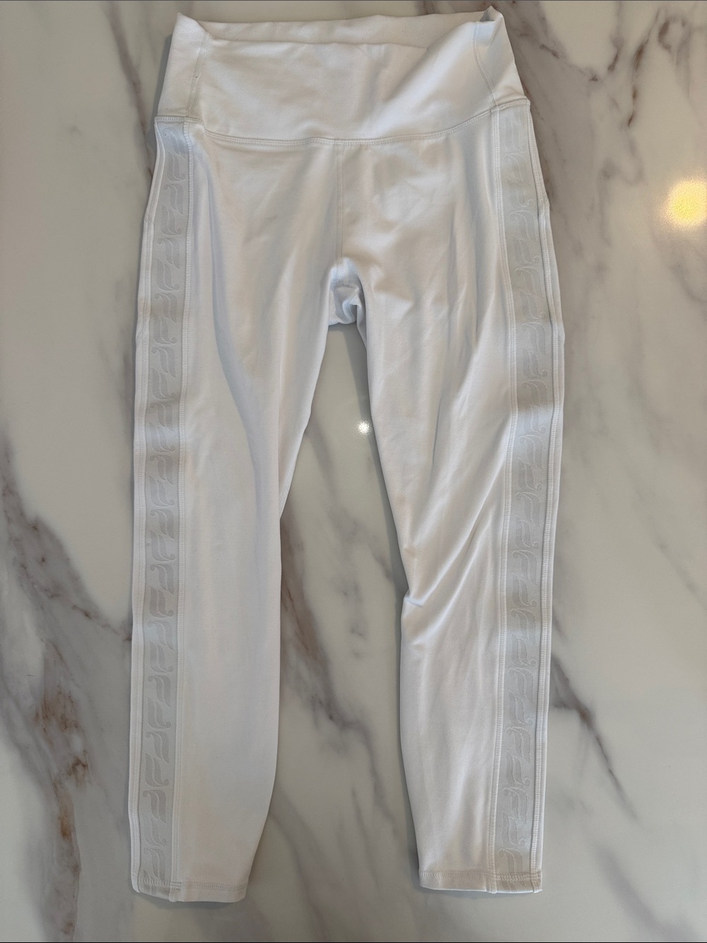 Fabletics White Logo Tape Powerhold 7/8 Leggings Pants Medium White